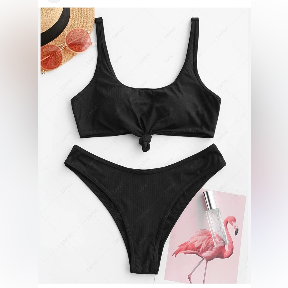Women's Ribbed Black Bikini Set Cheeky Swimsuit Textured Two Piece NWT Size L 8